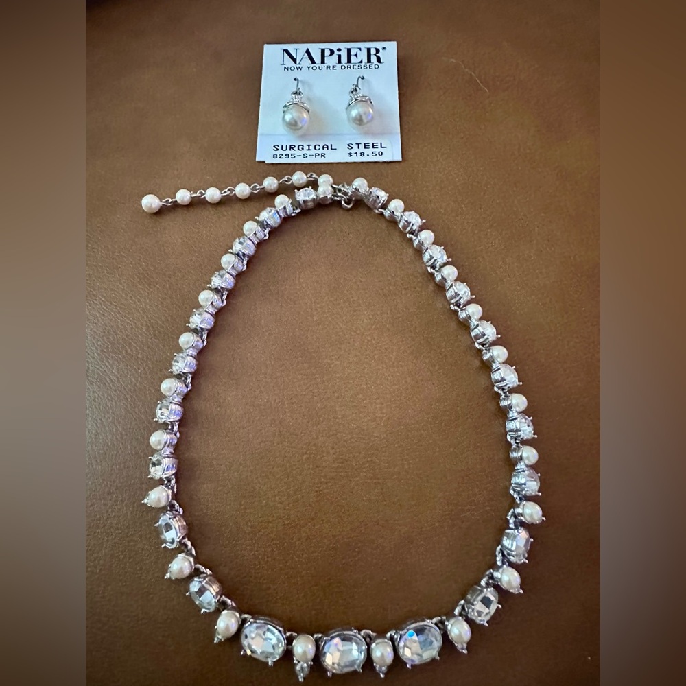 Napier Silver Pearl and Rhinestone Necklace Set